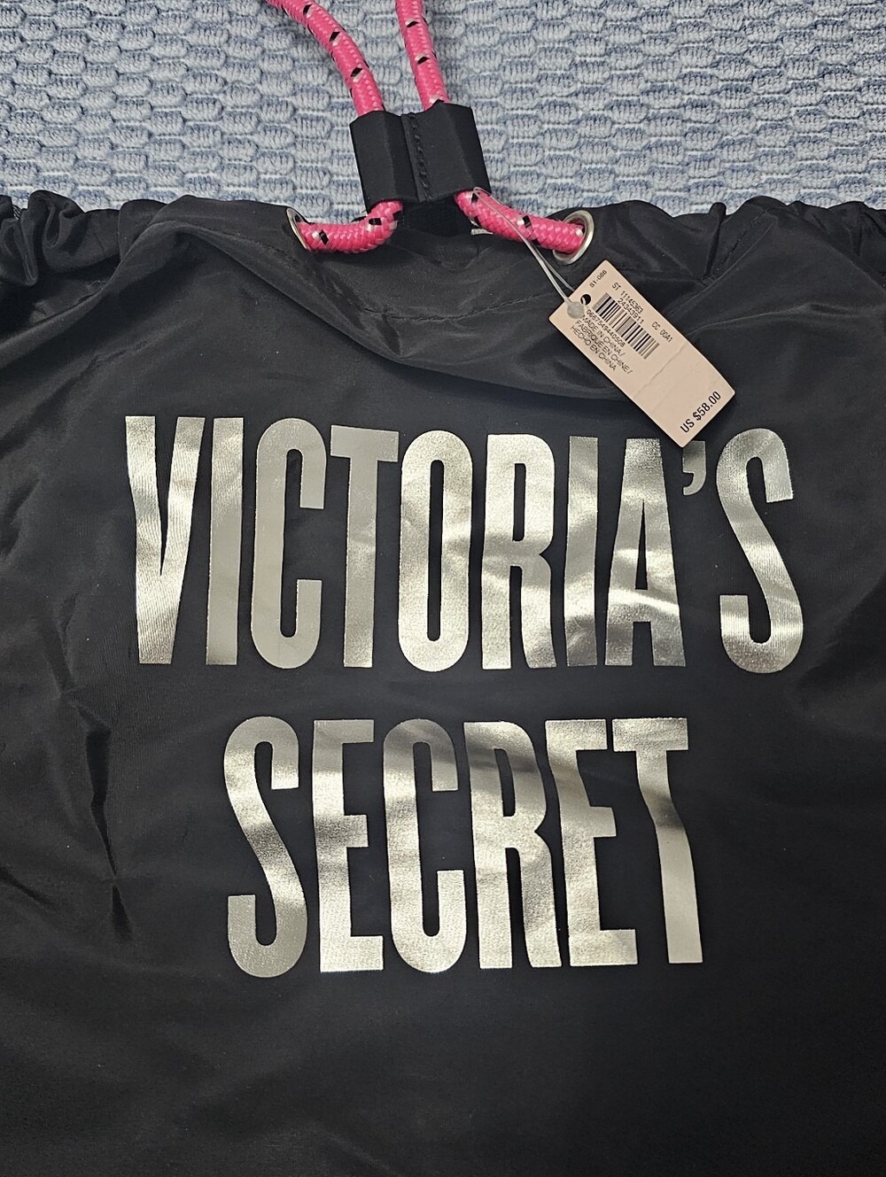 Victoria's Secret Black Nylon Pink Cord Backpack Silver Base Sz 15.5x15.5x10 NEW - Picture 4 of 4